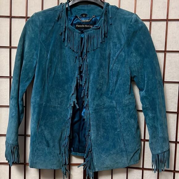 PAMELA MC‎ COY TURQUOISE FRINGE 100% LEATHER JACKET SIZE S - Picture 7 of 8